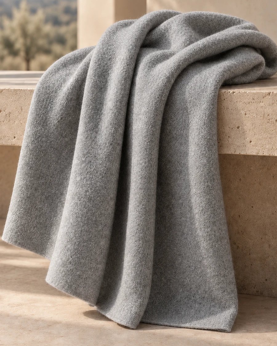 Le châle en Rock Grey, drapé sur un banc de pierre
