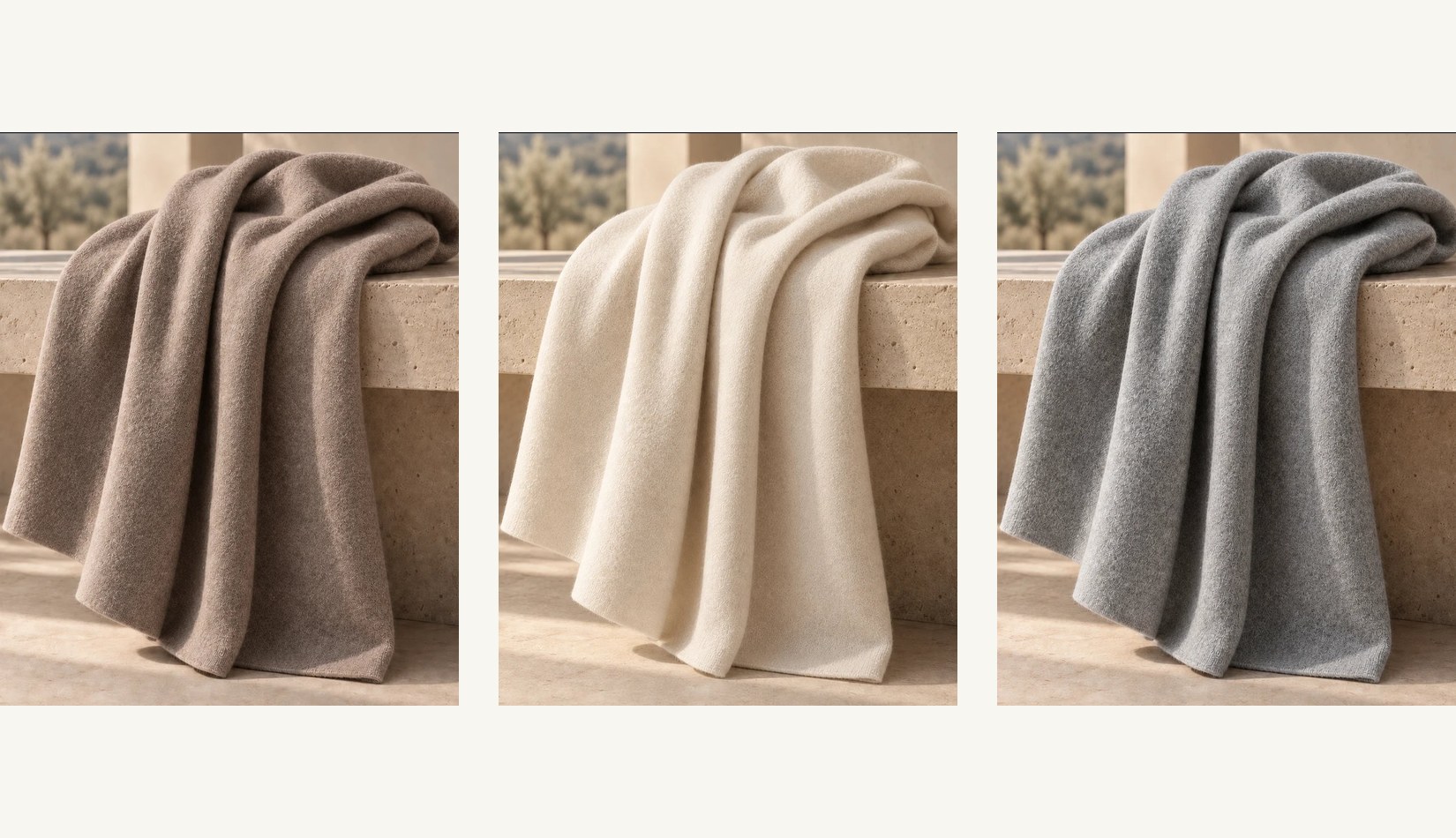 Les trois teintes côte à côte : Oat, Eternal Snow et Rock Grey